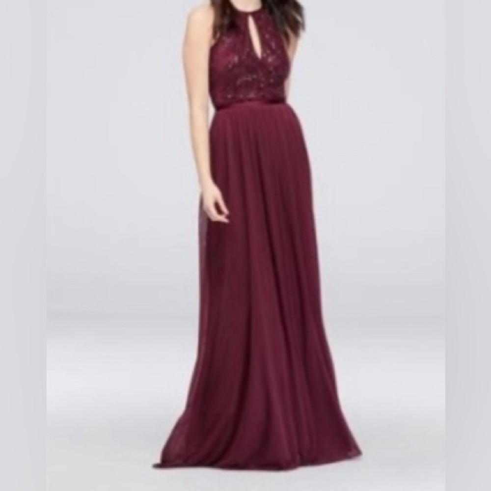 NWT David’s Bridal DB Studio High-Neck Sequin Mesh Gown with Keyhole